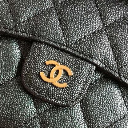 CC FLAP CARD HOLDER 11.5 BLACK GRAINED CALFSKIN WITH GOLD ICON