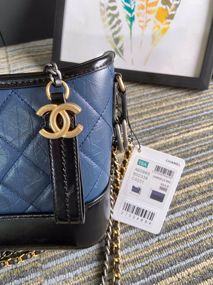 CC MEDIUM 20 HOBO BAG IN AEGEAN BLUE MIX BLACK CALFSKIN WITH STRAP