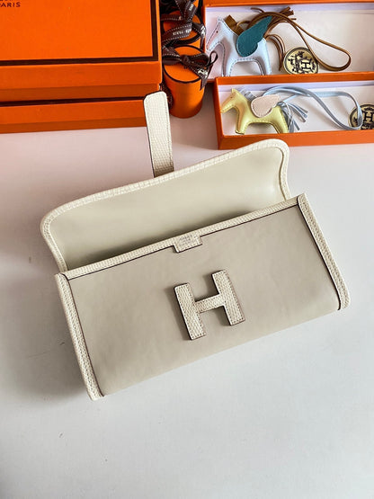 JIGE ELAN 29 CLUTCH IN BISQUE BEIGE CALFSKIN WITH LIZARD SKIN (MADE-TO-ODER)