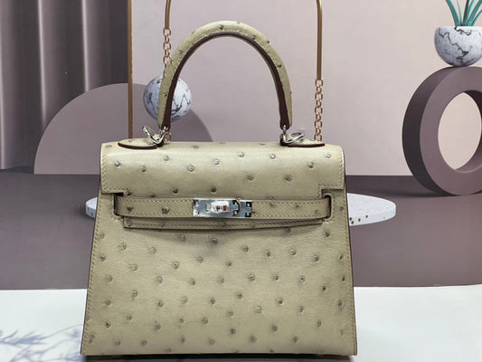 KELLY BAG 20 IN KHAKI TAN OSTRICH LEATHER WITH SILVER HARDWARE (MADE-TO-ODER)
