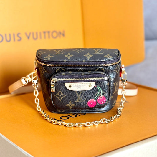 LV 25S MINI BUMBAG 17 IN BROWN CANVAS MONOGRAM CHERRY PRINT GOLD HARDWARE
