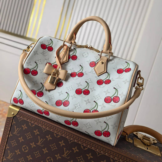 LV 25S SPEEDY SOFT 30 IN WHITE CANVAS MONOGRAM CHERRY PRINT GOLD HARDWARE