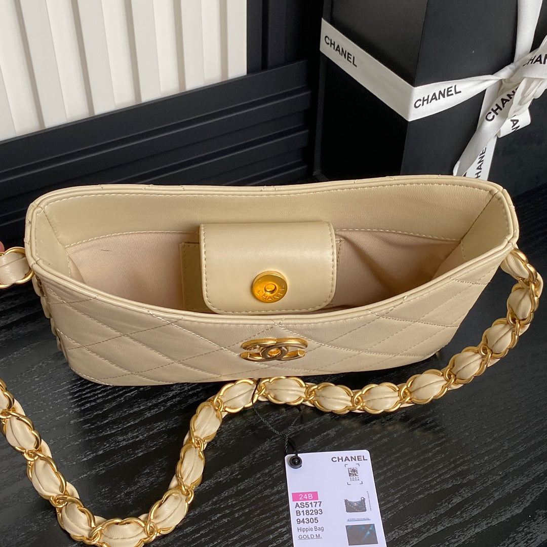 HOBO BAG 24 IN BEIGE CALFSKIN GOLD DOUBLE C THICK CHAIN