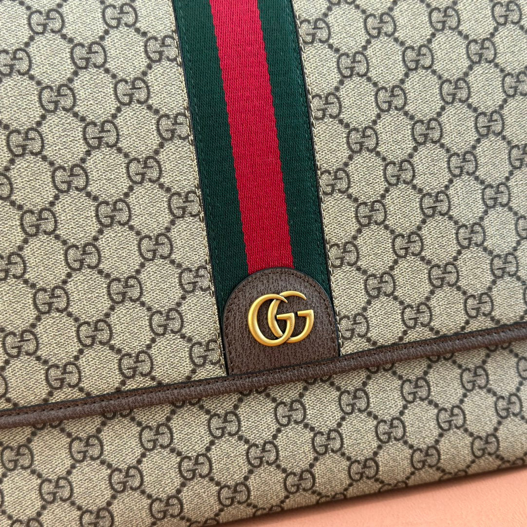 GUCCI 25S OPHIDIA LARGE CROSSBODY BAG 33 IN BEIGE CANVAS AND BROWN CALFSKIN