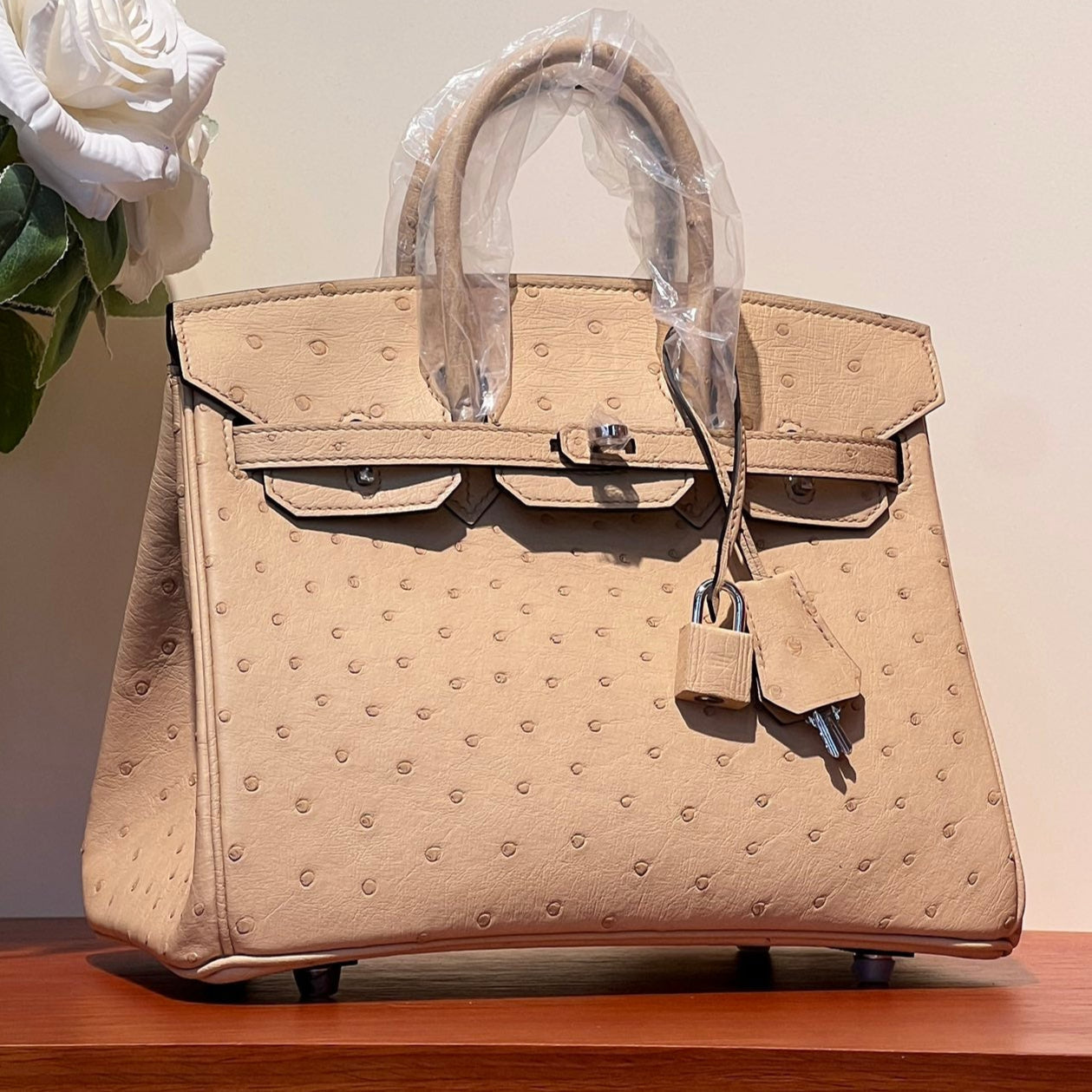 KELLY SELLIER 25 BAG IN CAMEL BEIGE OSTRICH LEATHER WITH SILVER HARDWARE (MADE-TO-ODER)